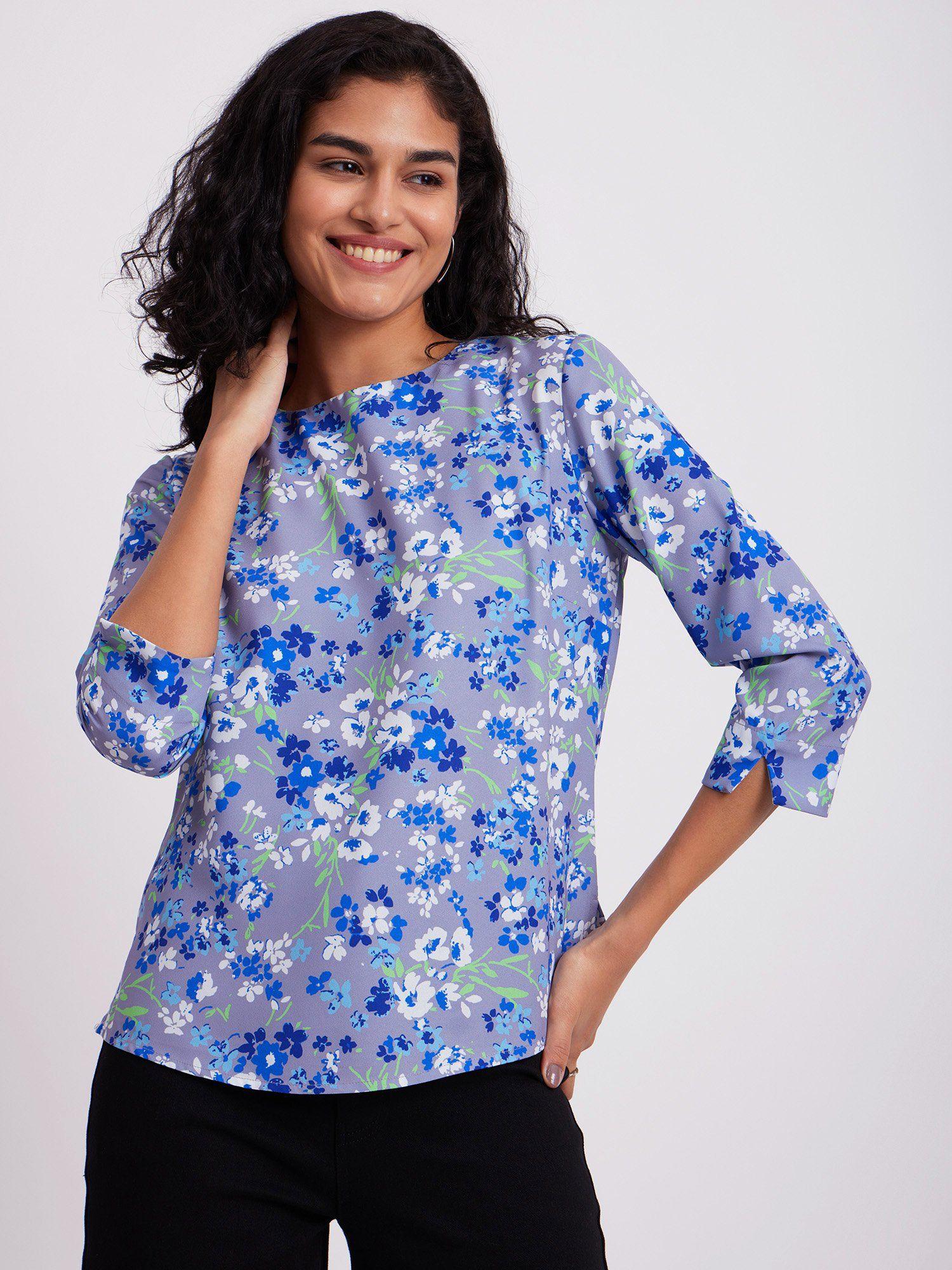 floral print round neck top blue