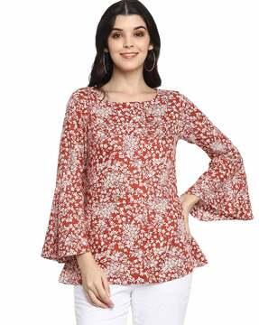 floral print round-neck top with bell sleeves