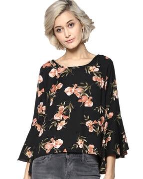 floral print round-neck top with bell sleeves