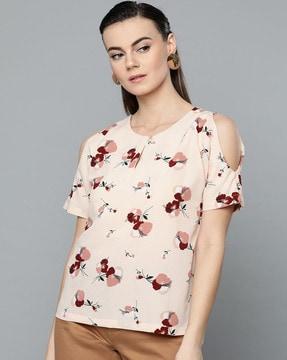 floral print round-neck top with cold-shoulder sleeves