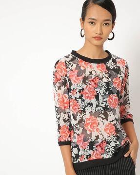 floral print round-neck top with contrast hems