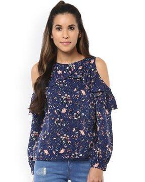 floral print round-neck top with cutout sleeves