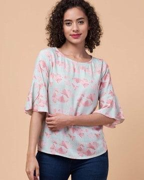 floral print round-neck top with petal sleeves