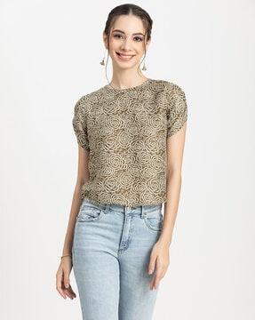 floral print round-neck top with petal-sleeves