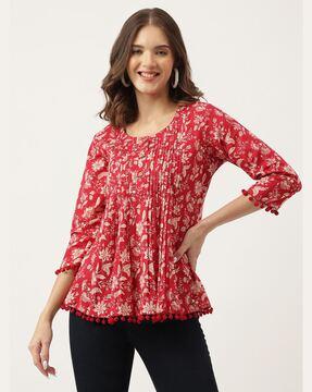 floral print round-neck top with pom-pom lace