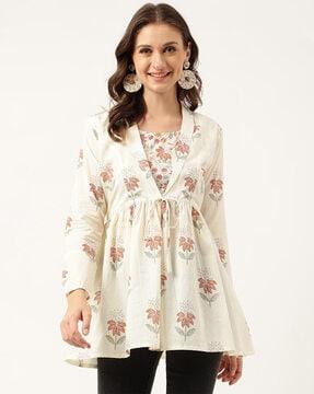 floral print round-neck top with waist tie-up