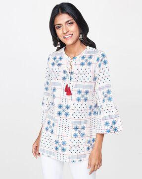 floral print round-neck tunic with bell sleeves