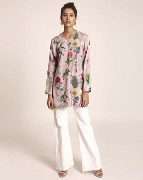 floral print round-neck tunic with embellishments