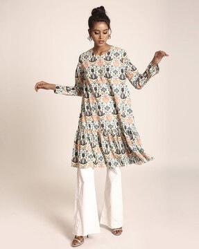 floral print round-neck tunic with ruffled hemline