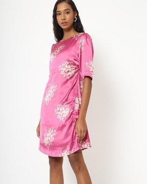 floral print ruched a-line dress