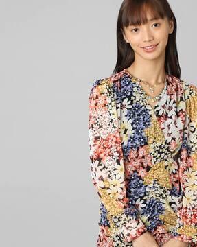 floral print ruched a-line dress