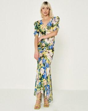 floral print ruched bodycon dress