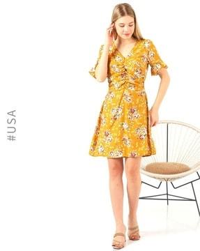 floral print ruched fit & flare dress