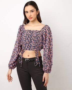 floral print ruched top with puff sleeves