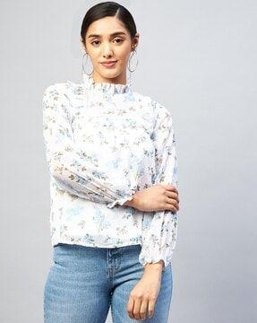 floral print ruffle-neck top
