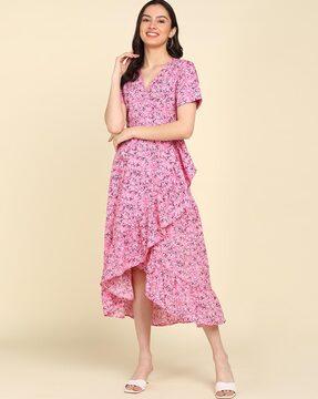 floral print ruffled a-line dress