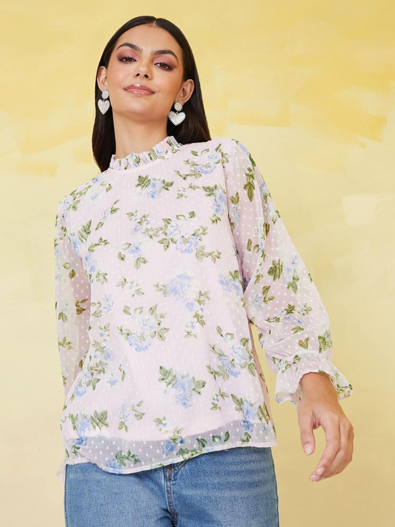 floral print ruffled collar blouse