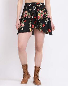 floral print ruffled mini skirt