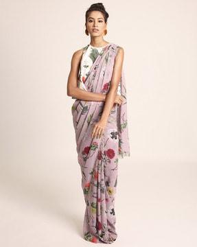 floral print saree & blouse top with metal tassels