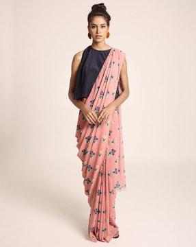 floral print saree & blouse top with metal tassels