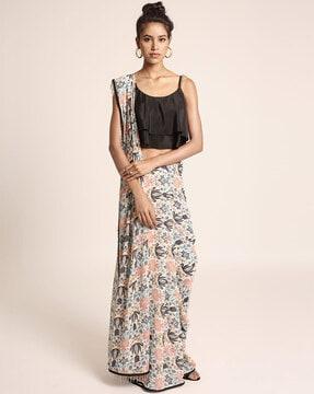 floral print saree & tiered top with metal tassels