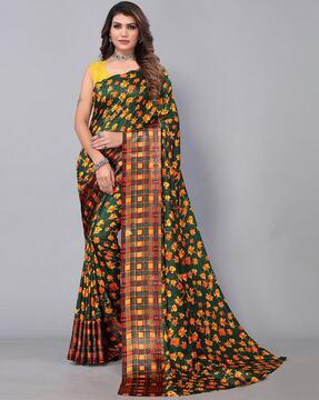 floral print saree with checked border