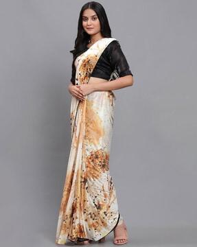 floral print saree with contrast border & tassels