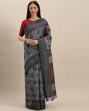 floral print saree with contrast border & tassels