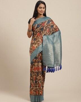 floral print saree with contrast border & tassels