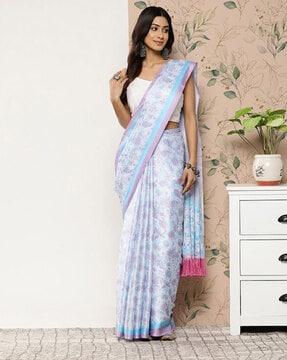 floral print saree with contrast border & tassels