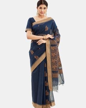 floral print saree with contrast border and tassels