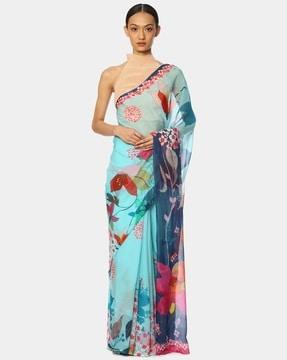 floral print saree with contrast border