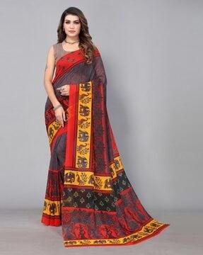 floral print saree with contrast border