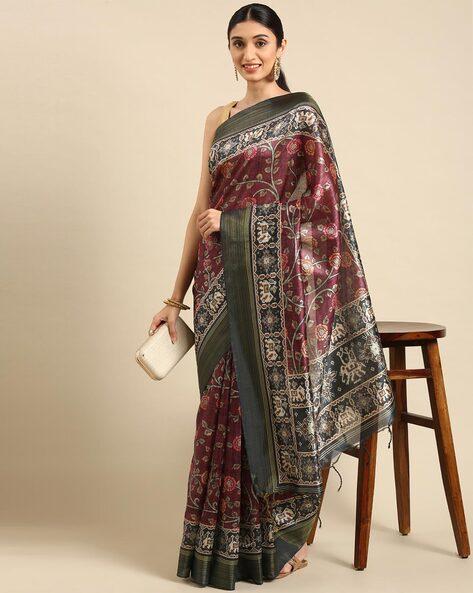 floral print saree with contrast border