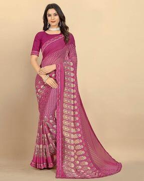 floral print saree with contrast border