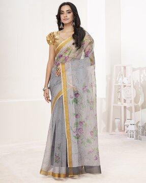 floral print saree with contrast border