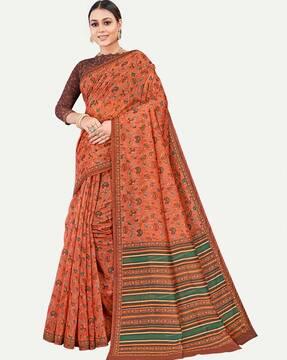 floral print saree with contrast border