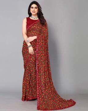 floral print saree with contrast border