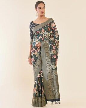 floral print saree with contrast border