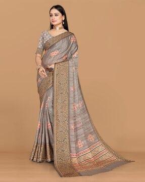 floral print saree with contrast border