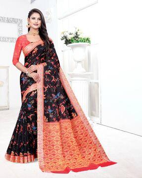 floral print saree with contrast border