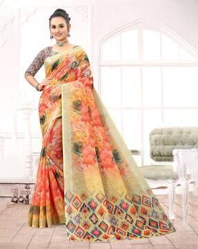 floral print saree with contrast border