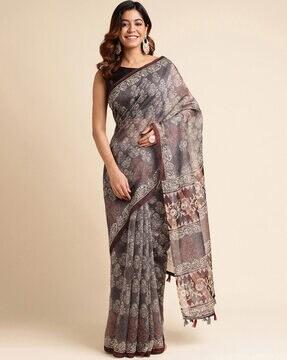 floral print saree with contrast border