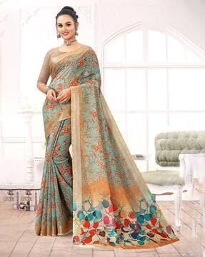 floral print saree with contrast border