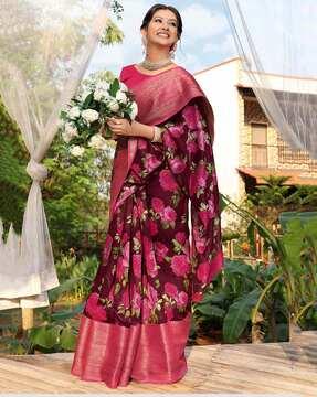 floral print saree with contrast border