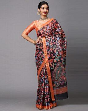 floral print saree with contrast border