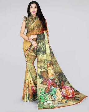 floral print saree with contrast border