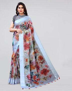 floral print saree with contrast border