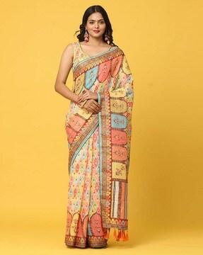 floral print saree with contrast border