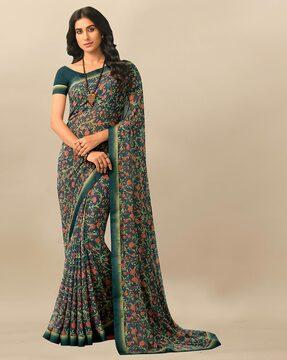 floral print saree with contrast border